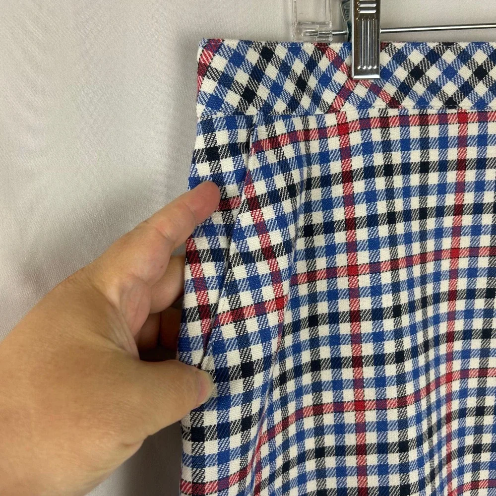 Talbots Women 16 Plaid Mini Skirt Blue Red Check Cotton Blend Pockets NWT